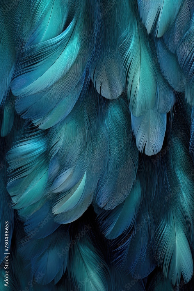 Obraz premium Beautiful closeup feather background in dark turquoise blue and teal colors. Macro texture of colorful fluffy feathers from tropical bird. Minimal abstract pattern with copy space