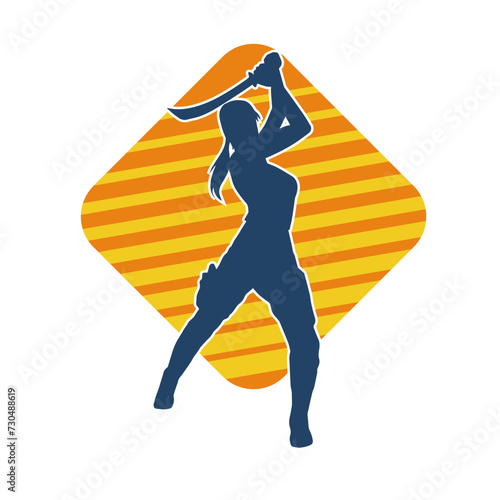 Silhouette of a female fighter in action pose carrying sword weapon.