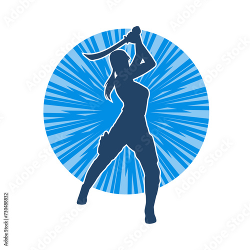 Silhouette of a female fighter in action pose carrying sword weapon.