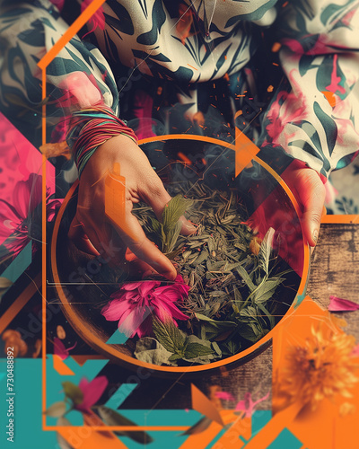 Hands of a spiritual medicine woman preparing medicinal herbs in a bowl. Sacred ritual plants for purification and healing of soul and body. natural preparation of shaman healer, for holistic care photo