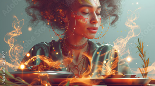 Mystical dreamy shaman woman burning holy medical herbs. Spiritual herbalist, energy medicine concept. Emotional poster with curly hair and magical mystic flames. Sacred mysterious priestess