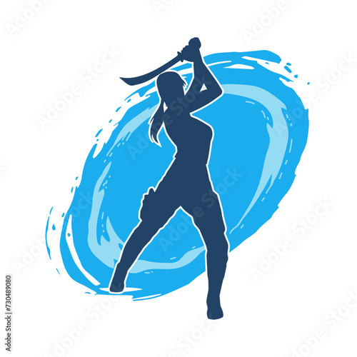Silhouette of a female fighter in action pose carrying sword weapon.