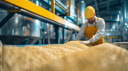 Workers using specialized equipment to monitor the temperature and moisture levels of grain in storage adhering to strict standards for maintaining quality. photo