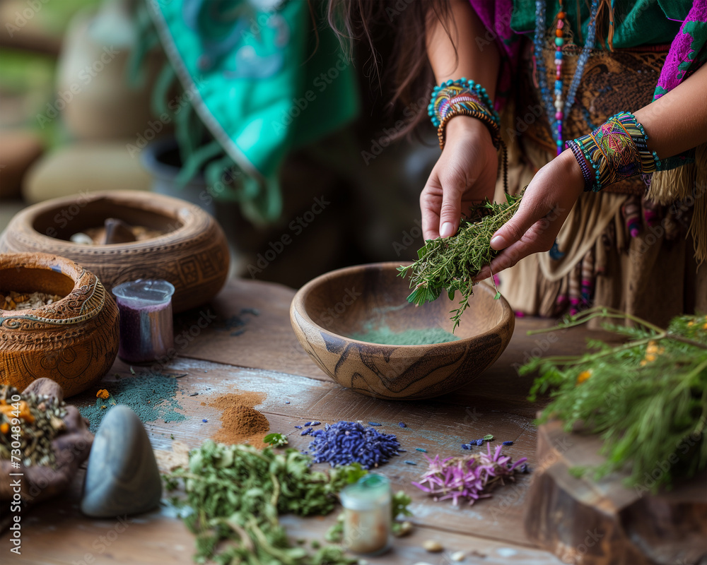 spiritual medicine woman preparing medicinal herbs and flowers in a bowl; sacred ritual remedy for healing of soul and body. natural medicines of a shaman healer. poster for naturopathy