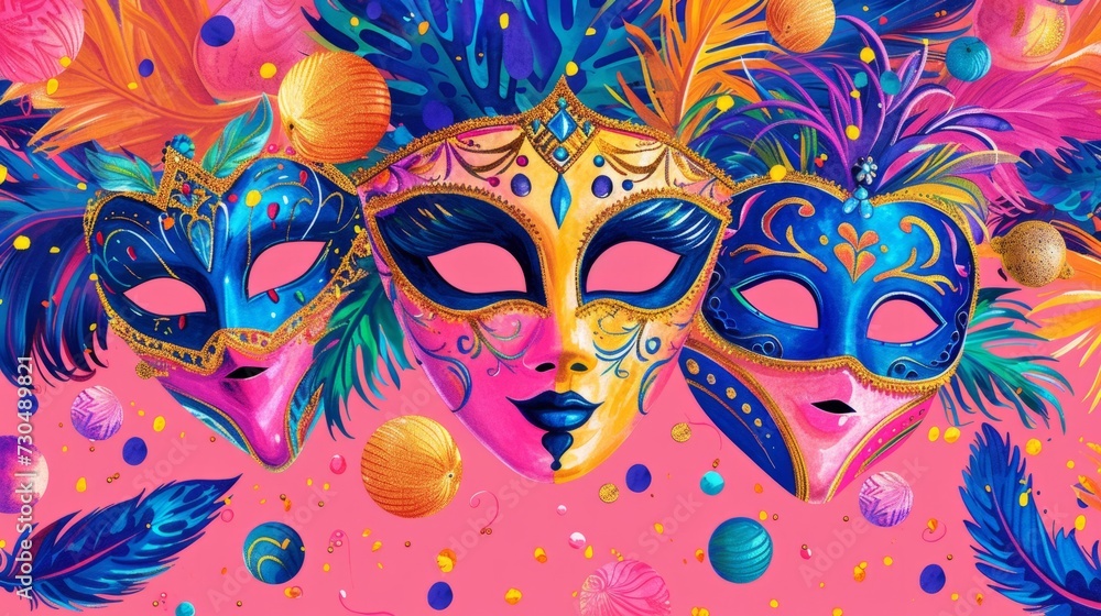 Vibrant carnival design with colorful masks and festive decorations on a lively pink background. generative ai