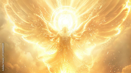 A glowing and radiant being with multiple arms and wings symbolizing the omnipresence and power of angels in Sikhism.