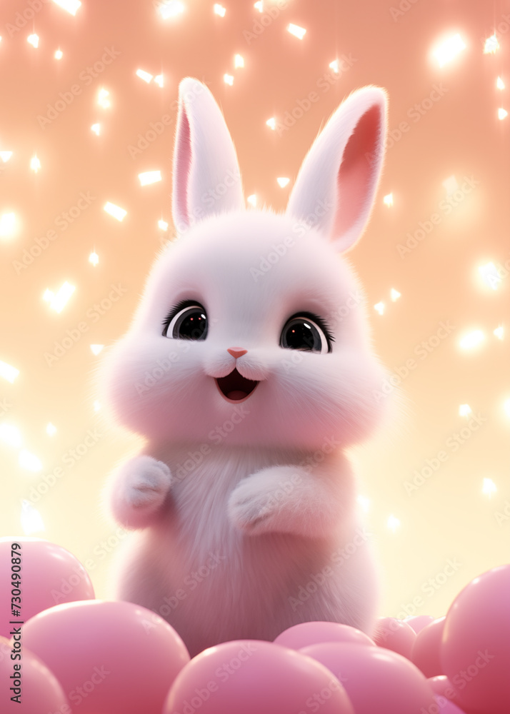 Fototapeta premium Cute White Bunny Rabbit Sitting on Pink Easter Eggs