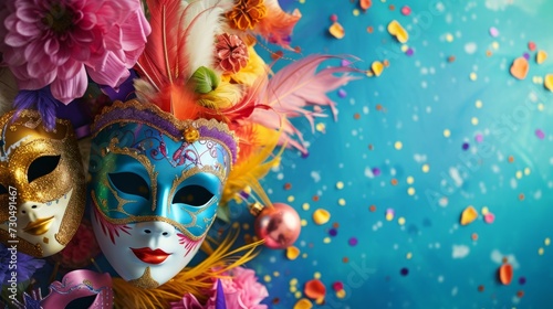 Whimsical carnival arrangement featuring colorful masks and festive decorations on a serene blue background generative ai