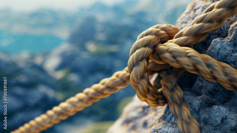 Fototapeta premium close up view rope with a knot on a mountain generative ai