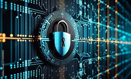 cyber security, abstract computer chip, technology background with a padlock, internet security and data protection photo