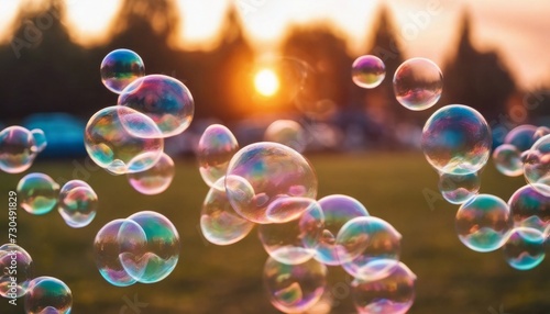 Bubbles floating in the air against a backdrop of a sunset in a park. 