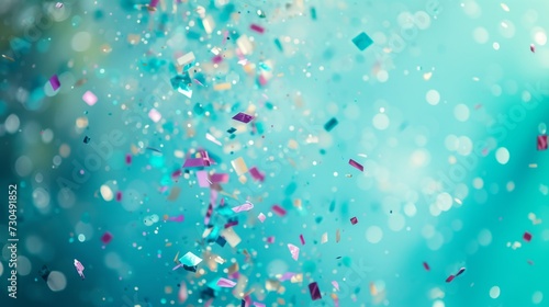 Turquoise bokeh confetti gently cascading down on a turquoise background generative ai