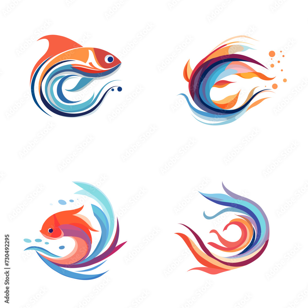 Vector set of beautiful fish labels, design elements, emblems and badges. Isolated logo illustration, simple minimal. collection with abstract emblem of beautiful fish Vector set of beautiful fish labels, design elements, emblems and badges. Isolated logo illustration, simple minimal. collection with abstract emblem of beautiful fish
