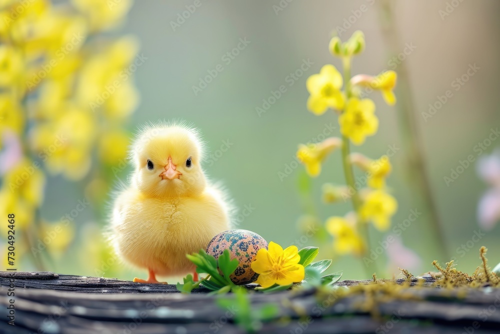 Chick on wooden surface among yellow flowers. Chick on wooden surface among yellow flowers.
