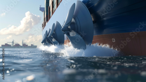 A closeup shot of a mive container ships propellers churning the water emphasizing the size and power of these vessels. photo