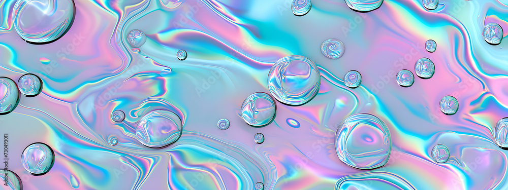 Serum or water drops on blue, pink and purple surface background. Toner, cleanser lotion, hyaluronic serum. Clear liquid skin care cosmetic product texture with bubbles. Hologram gradient neon colors Serum or water drops on blue, pink and purple surface background. Toner, cleanser lotion, hyaluronic serum. Clear liquid skin care cosmetic product texture with bubbles. Hologram gradient neon colors