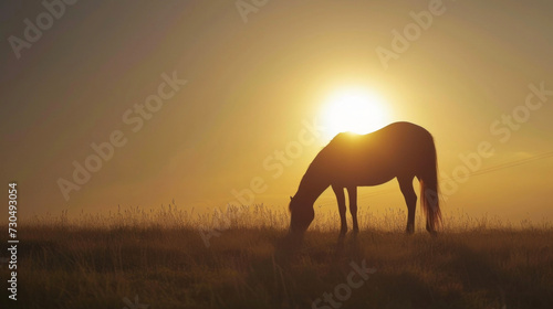The silhouette of a lone horse grazes in a field as the sun sets a peaceful and idyllic scene on the open road. © Justlight