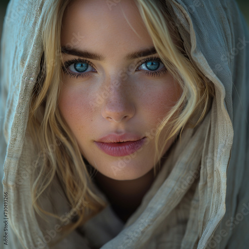 Biblical characters Close-up of a woman with a shawl, blonde hair, blue eyes, looking at the camera. , ai generated.