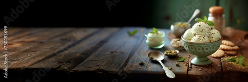 Extra wide banner with pistachio ice cream on a wood table. For product mockup, scene creator, and text background. Copy space