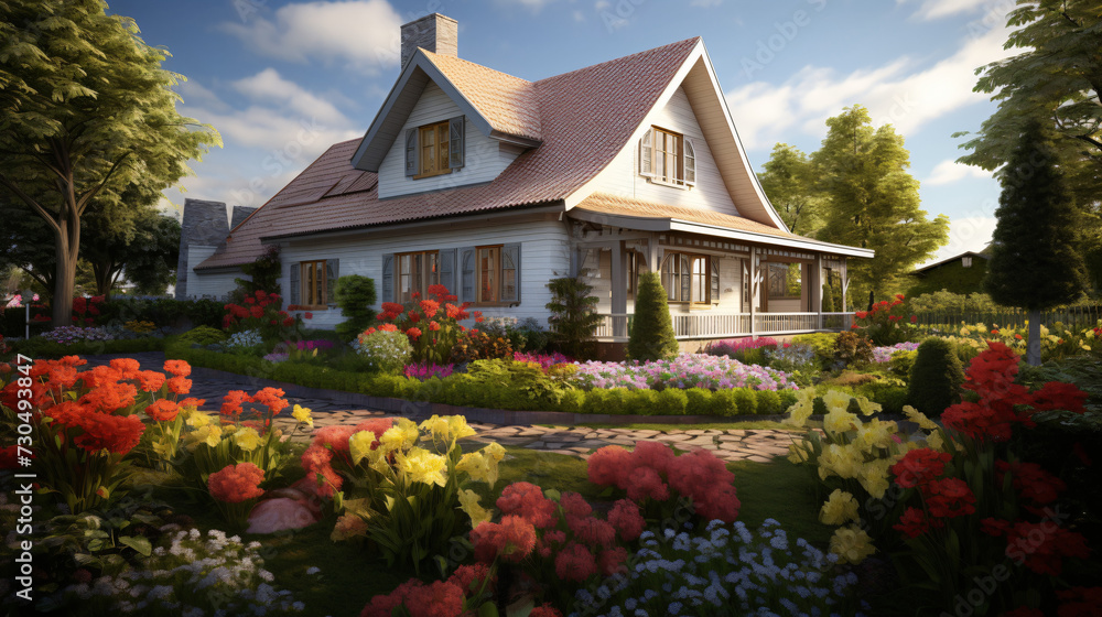 Classic house with flower garden.