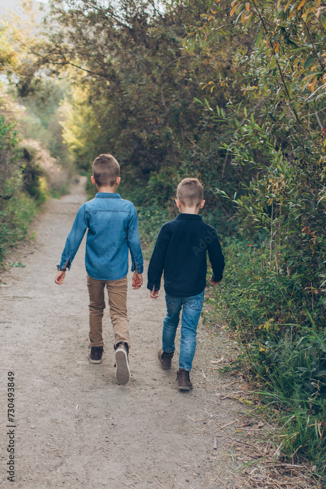 Obraz premium boys, brothers, little kids, wearing denim jeans walking away from the camera down the wooded path pathway 