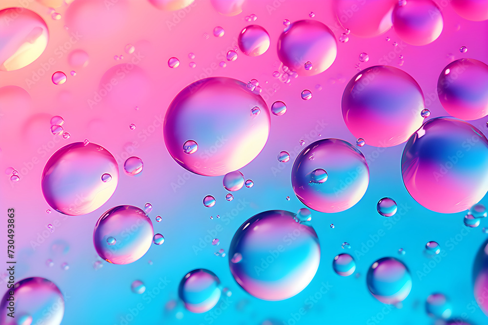 Serum or water drops on blue, pink and purple surface background. Toner, cleanser lotion, hyaluronic serum. Clear liquid skin care cosmetic product texture with bubbles. Hologram gradient neon colors Serum or water drops on blue, pink and purple surface background. Toner, cleanser lotion, hyaluronic serum. Clear liquid skin care cosmetic product texture with bubbles. Hologram gradient neon colors