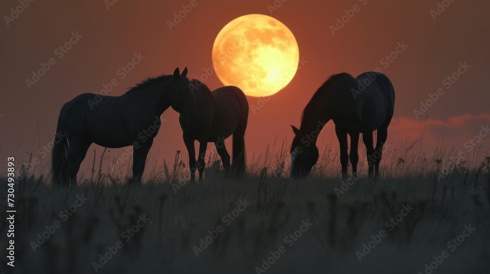 As the moon rises over the horizon the silhouettes of grazing horses become more prominent creating a serene countryside scene.