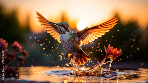 hummingbird splashing in the water at sunset with flowers around © Franco