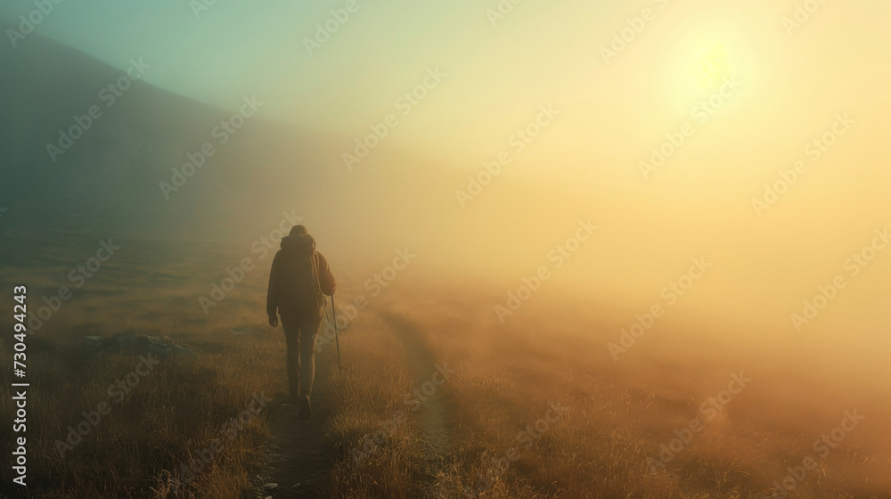 A solitary hiker makes their way through the misty mountain trail their figure ly discernible in the haze.