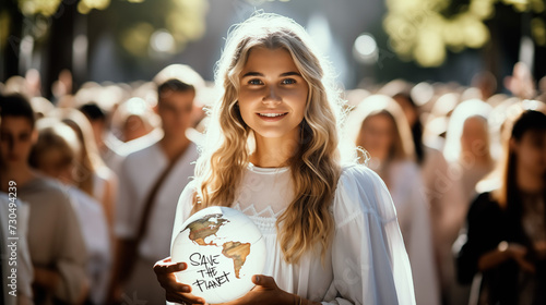 young pacifist woman holding a planet in her hands with the sign save the planet on a march photo