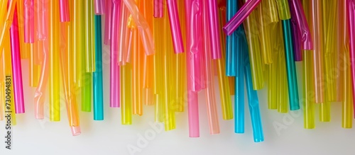 Colorful plastic tubes resembling drinking straws on white as abstract backdrop.