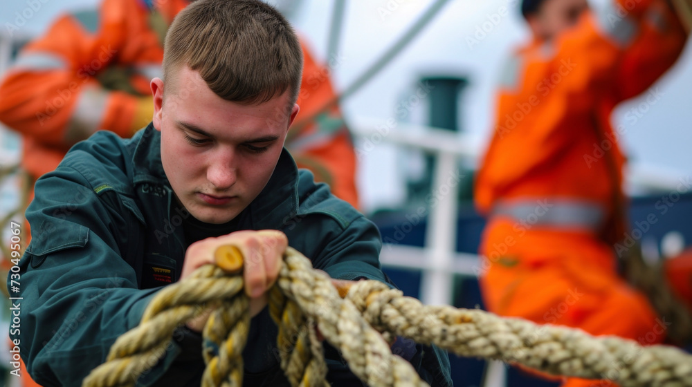 The Chief Officer oversees as the deck cadet practices tying various
