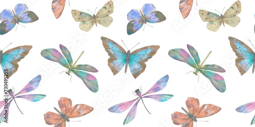 Seamless pattern of delicate watercolor butterflies on a white background. Cute watercolor butterflies for design. Abstract watercolor illustration