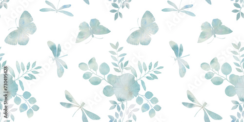 delicate watercolor background for design, seamless pattern, butterflies, dragonflies and plants