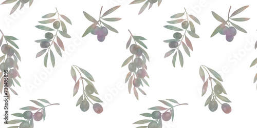 Seamless pattern, endless watercolor pattern, hand drawn. Olive branches, olives, juicy tree fruits. Fabric design, kitchen textiles, packaging, wrapping paper.