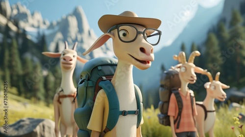 Cartoon digital avatar of a wiselooking goat, wearing glasses and a hat, leading a family on a scenic hike with educational facts along the way. photo