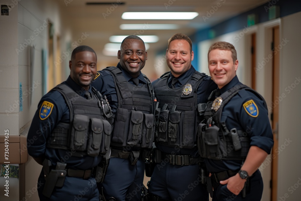 Advertising portrait shot of a team of police officers standing together in a police station and smiling at the camera.