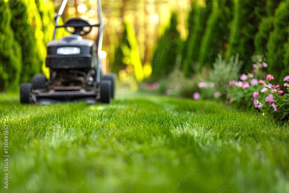 Fototapeta premium A lawn mower is trimming the lush green grass in a backyard, with green Thuja trees visible in the background.