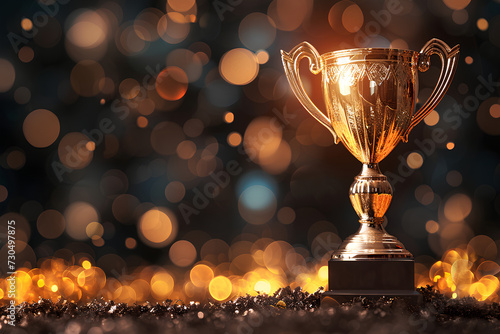 An illustration of a trophy, representing competitiveness and victory, set against a bokeh background to evoke a sense of achievement and celebration.