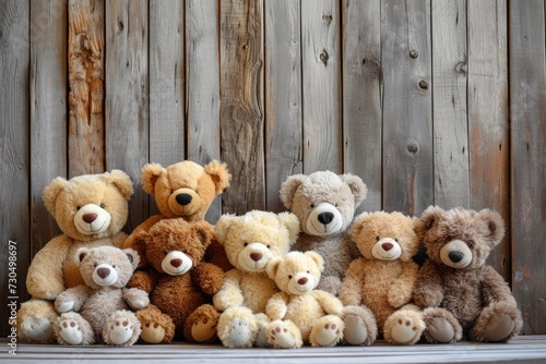Several adorable teddy bears gathered near a weathered wooden wall