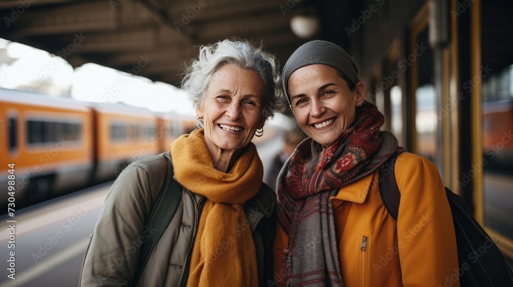 Women on the train station, close senior friends Women on the train station, close senior friends