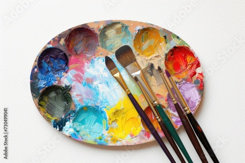 Artistic palette with brushes isolated on white