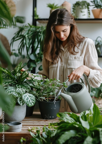 girl watering house plants from a watering can, woman gardener in a greenhouse, flowers, nature, greens, hobby, gardening, lifestyle, foliage, sprouts, pot, water, people, equipment