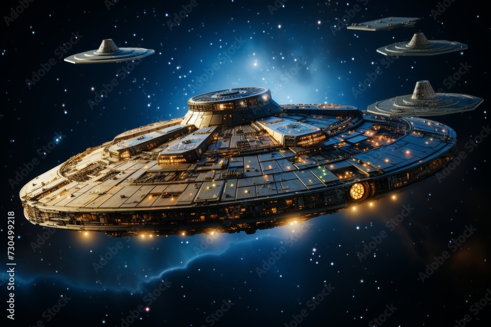 Stunning wide shot of spaceship floating in cosmic environment surrounded by stars and galaxies Stunning wide shot of spaceship floating in cosmic environment surrounded by stars and galaxies