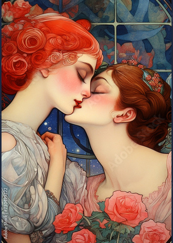 The graceful contours of two female figures in a passionate kiss tell the story of first love, tender and unique. 
