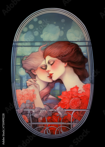Red and pink-haired girls embrace in an oval frame against black. Their love, accentuated by red flowers, creates a magical atmosphere under the clouds