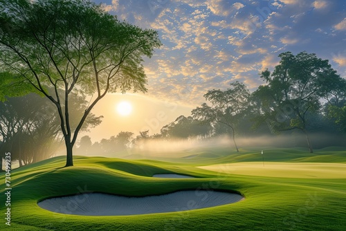 Morning landscape at golf course with green grass big trees sand bunker mist and twilight sky