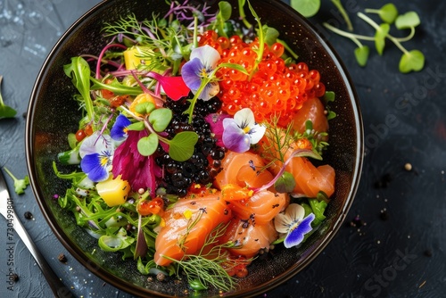 Fish salad with vegetables caviar quail egg and edible flowers presented in a black bowl