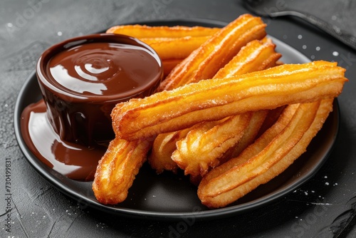 Churros a Spanish dessert served with chocolate on a dark background