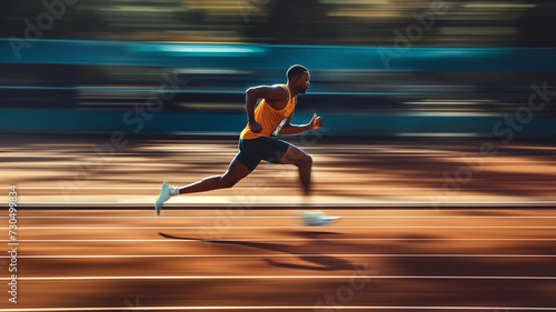 A track and field athlete running quickly in his lane